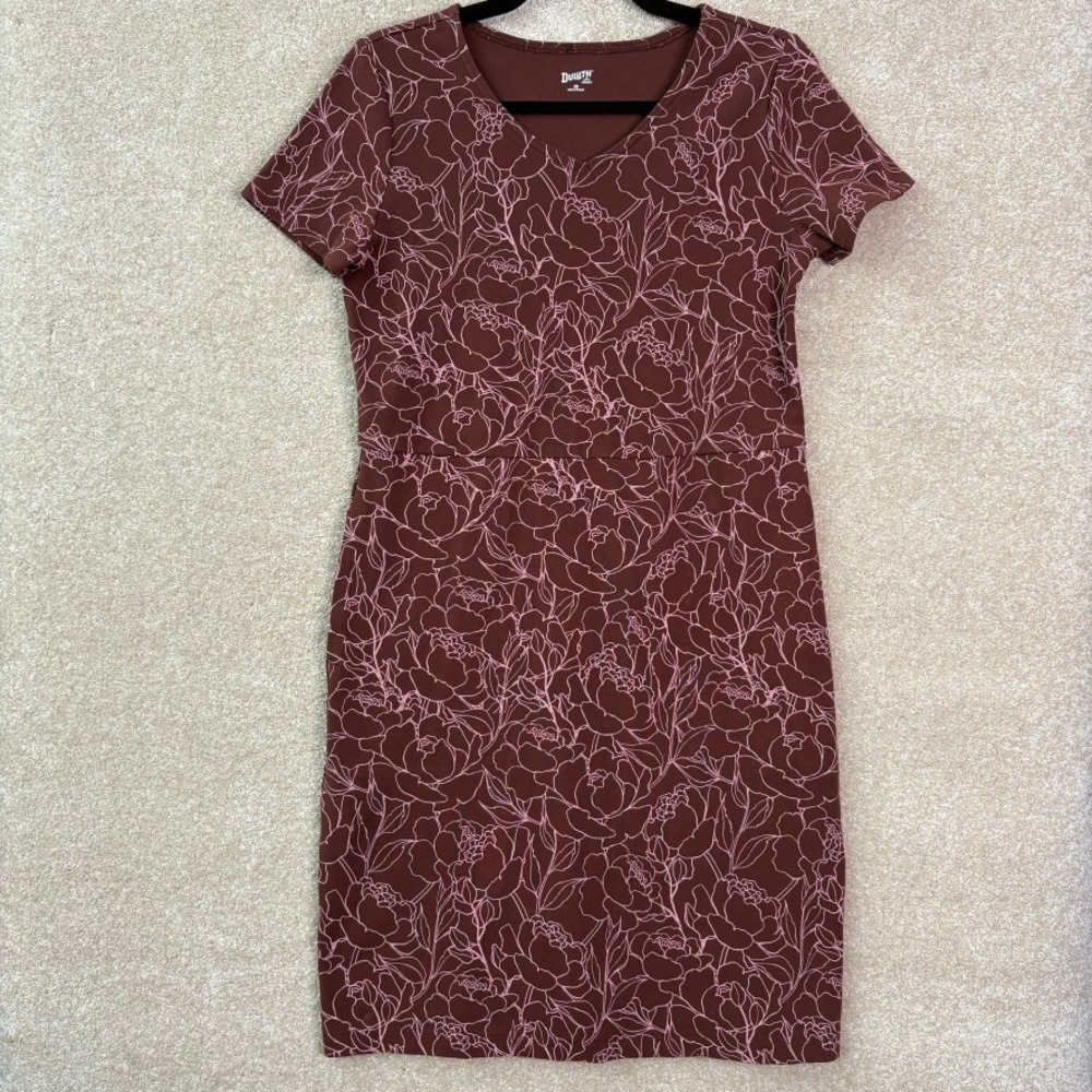 DULUTH‎ TRADING CO Dress Women's XS Burgundy Floral V-Neck Short Sleeve Pockets